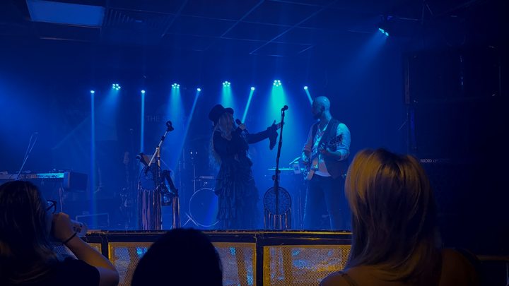 Fleetwood Mad singers and guitarist silhouetted against deep blue stage lighting
