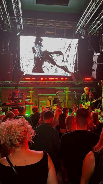 Audience watching Fleetwood Mad with projected film imagery above the stage